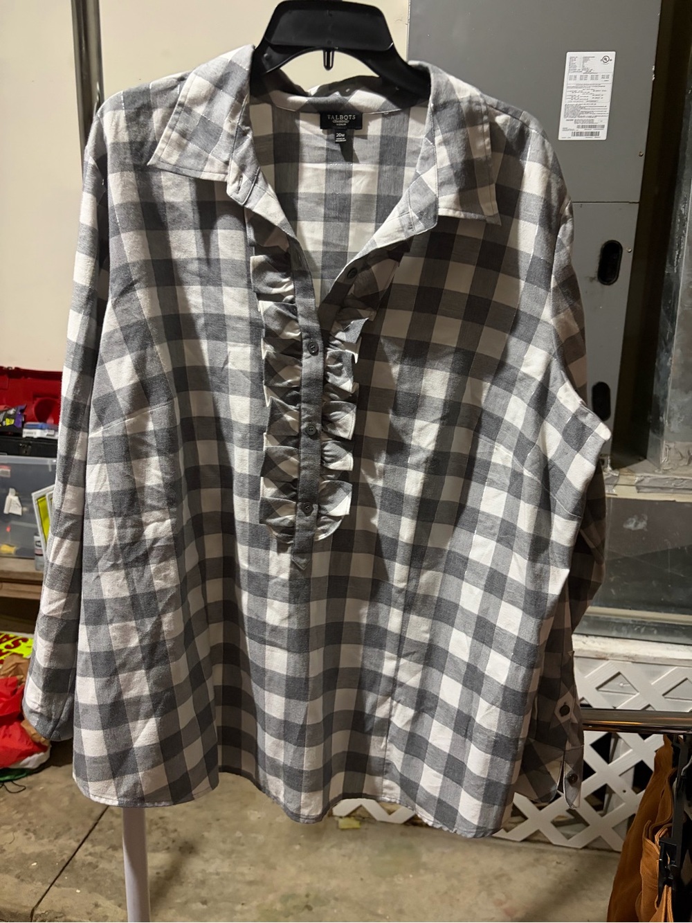 Talbots Gray and White Plaid Ruffle-Front Button Down Shirt